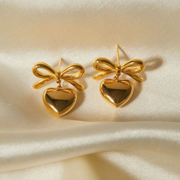 Heart Bow Knot Drop Earrings 18K Gold Plated Elegant Dangle Earrings Gift - Picture 3 of 6